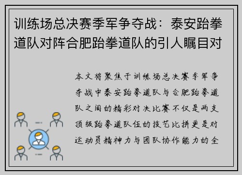 训练场总决赛季军争夺战：泰安跆拳道队对阵合肥跆拳道队的引人瞩目对决