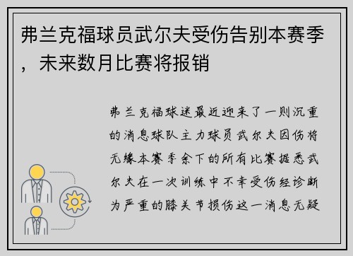 弗兰克福球员武尔夫受伤告别本赛季，未来数月比赛将报销
